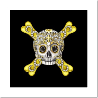 Skull and crossbone set with diamond silver and gold design. Posters and Art